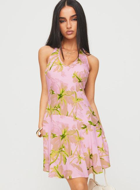 Alcedo Halter Mini Dress Pink / Green Product Image