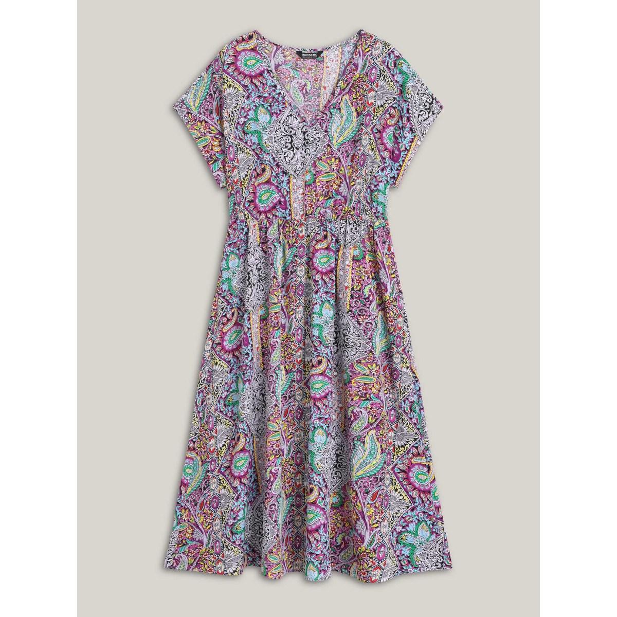 Plus Size Paisley Print Pockets V-Neck Midi Dress Magenta Women Boho Non V-neck Cap Sleeve Curvy BloomChic 14-16/1X Product Image