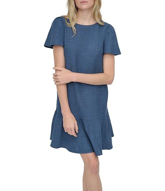 DKNY by Donna Karan Woven Crew Neck Short Sleeve Flutter Hem Shift Mini Dress Product Image