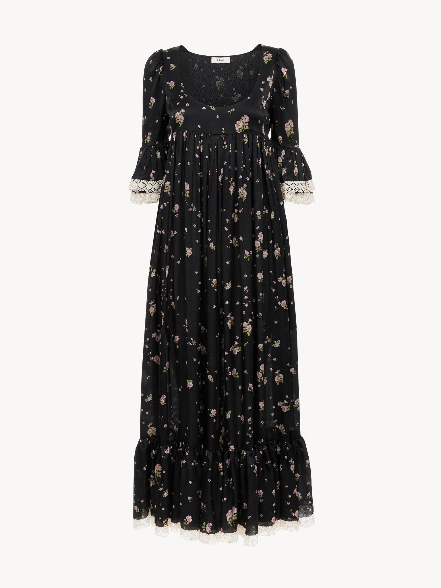 Scoop-neck midi dress in silk charmeuse & lace Product Image