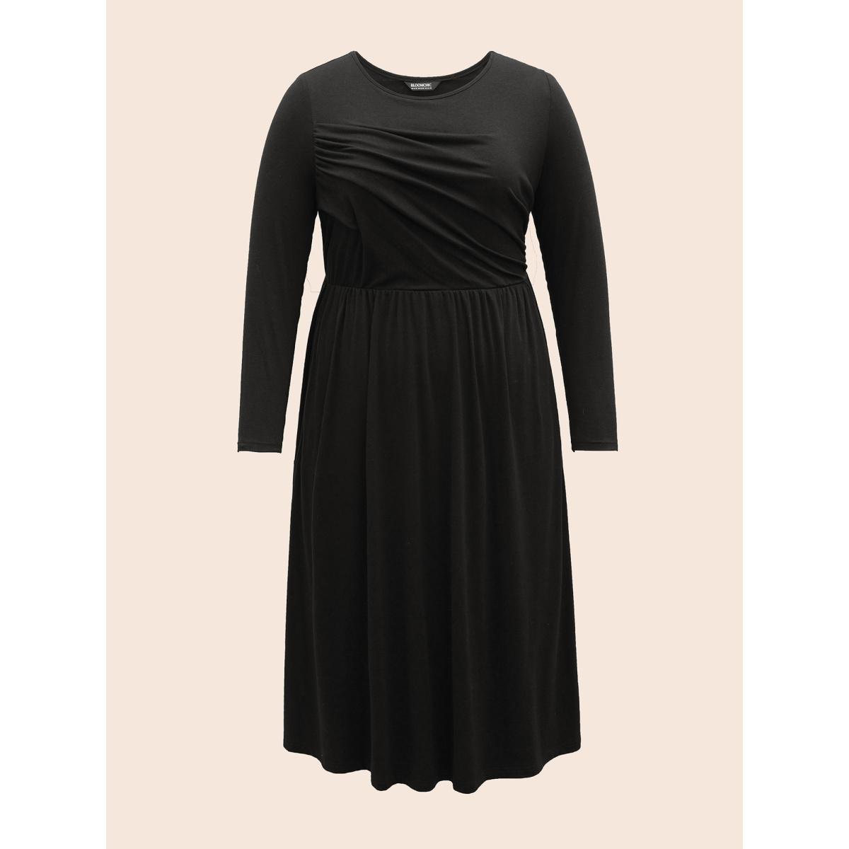 Plus Size Supersoft Essentials Boat Neck Gathered Dress Pureblack Women Casual Gathered Boat Neck Long Sleeve Curvy BloomChic 12/L Product Image