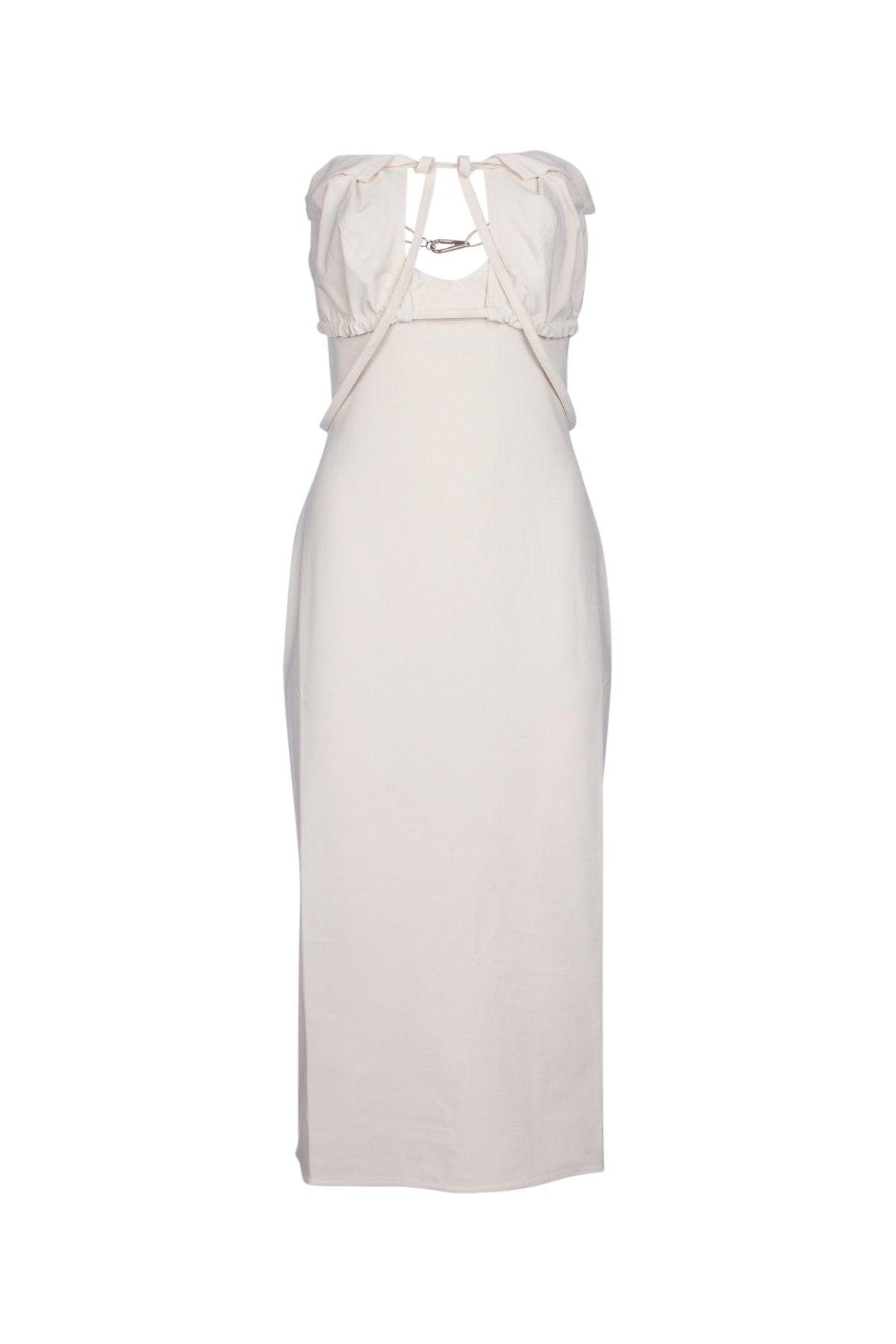 JACQUEMUS Strapless Ruffled Cutout Twill Midi Dress In White Product Image