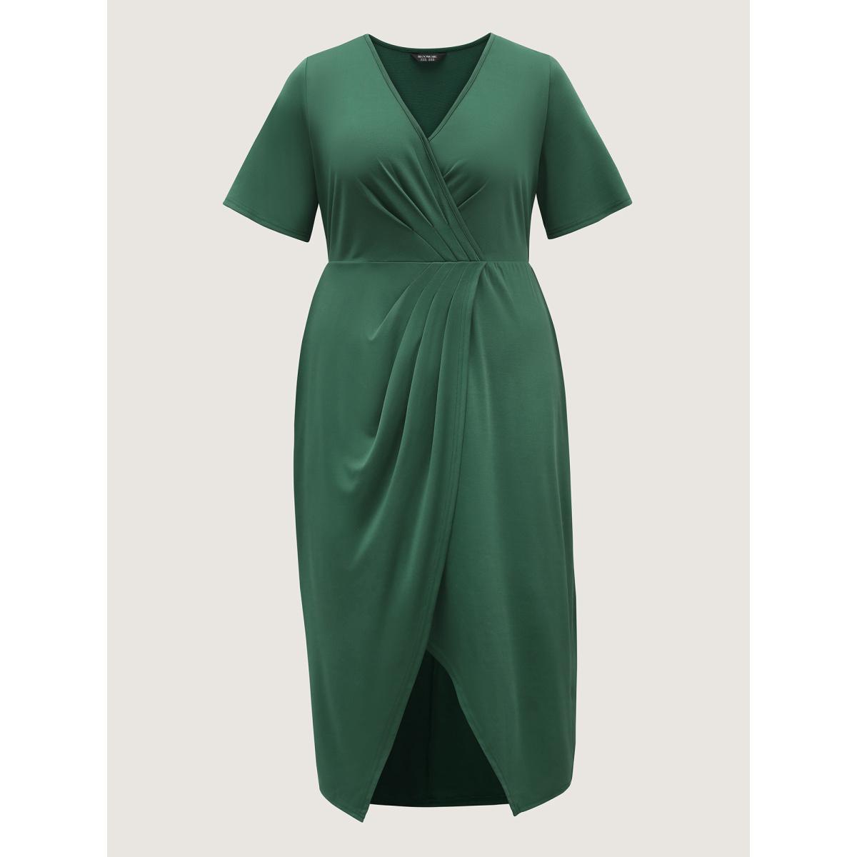 Plus Size Wrap Gathered Solid Surplice Midi Dress DarkGreen Women Overlap Collar Short sleeve Curvy BloomChic 26/4X Product Image