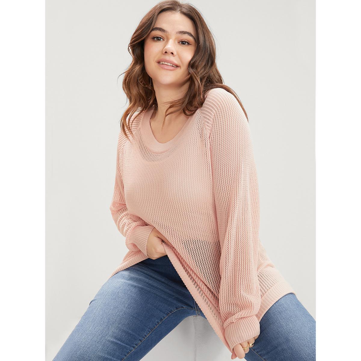 Plus Size Plain Ice Rayon Yarn Mesh Round Neck Eyelet Knit Top Crepe Women Casual Loose Long Sleeve Round Neck Dailywear Pullovers BloomChic 12/L Product Image