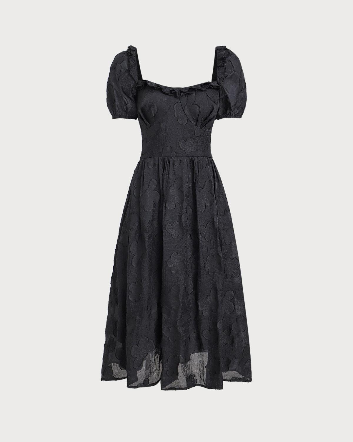 Black Square Neck Puffed Sleeve Midi Dress Product Image