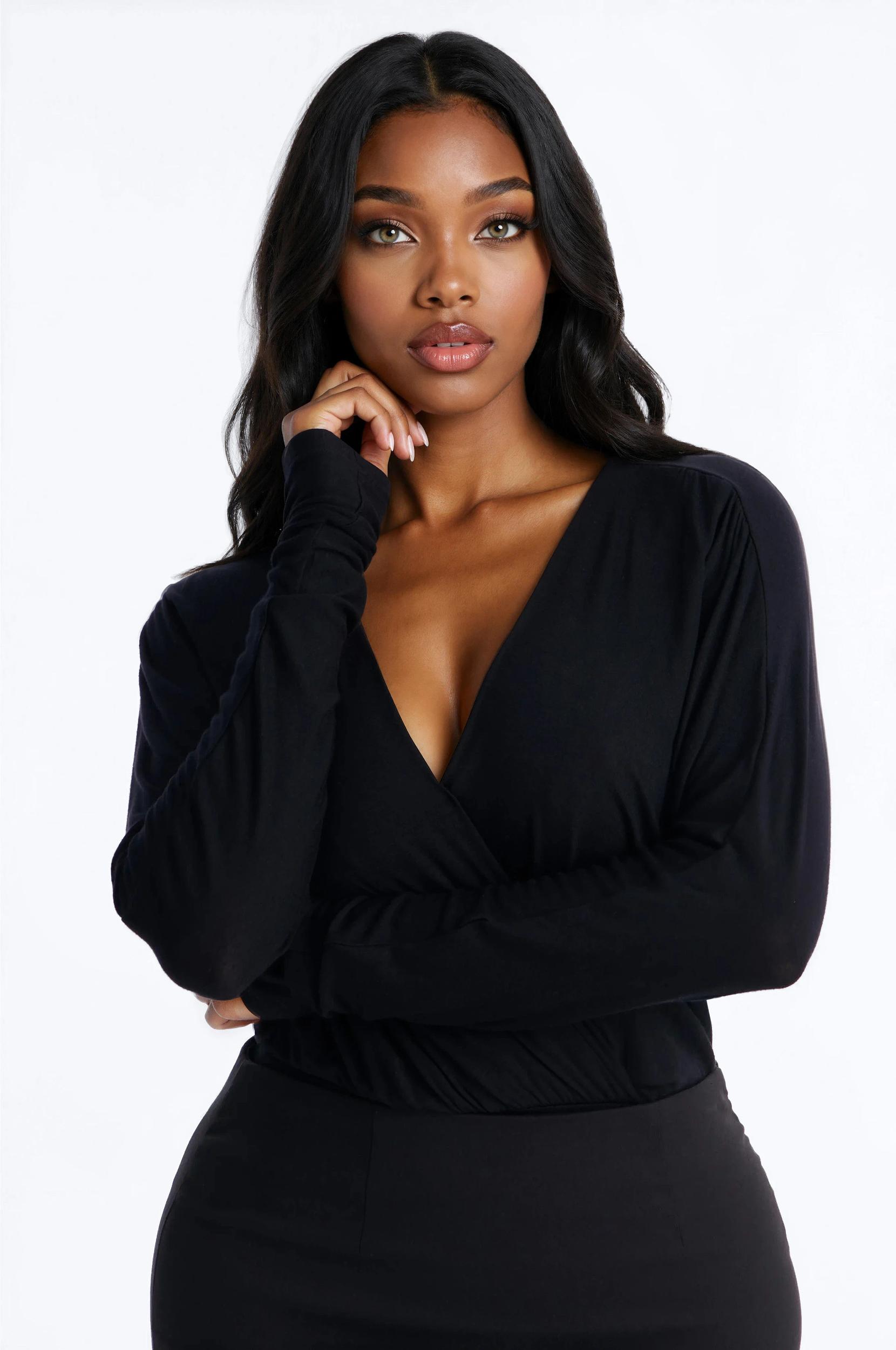 Gianna Surplice Neck Bodysuit - Black Female Product Image