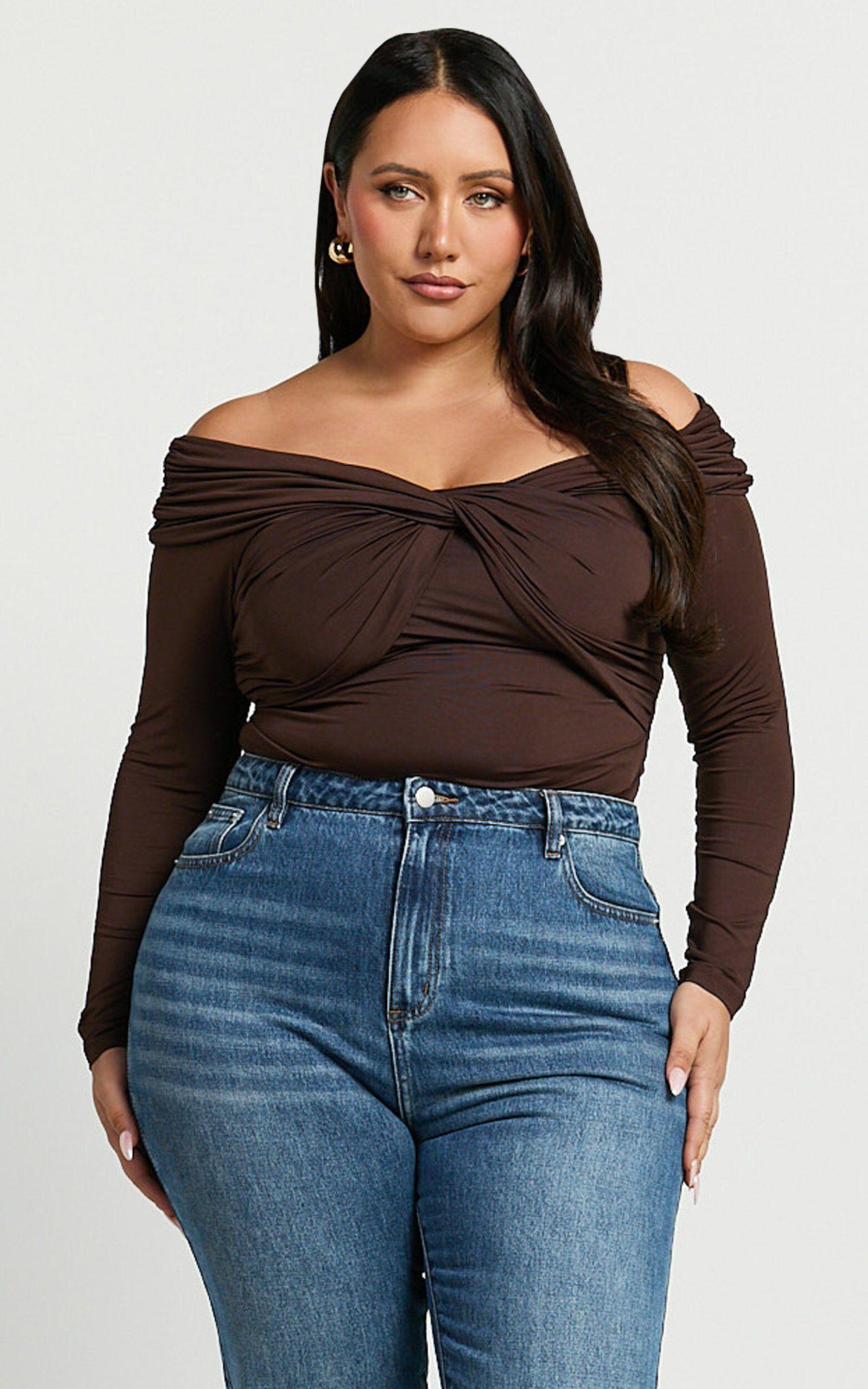 Shamaira Bodysuit - Twist Front Off Shoulder Long Sleeve in Brown Product Image