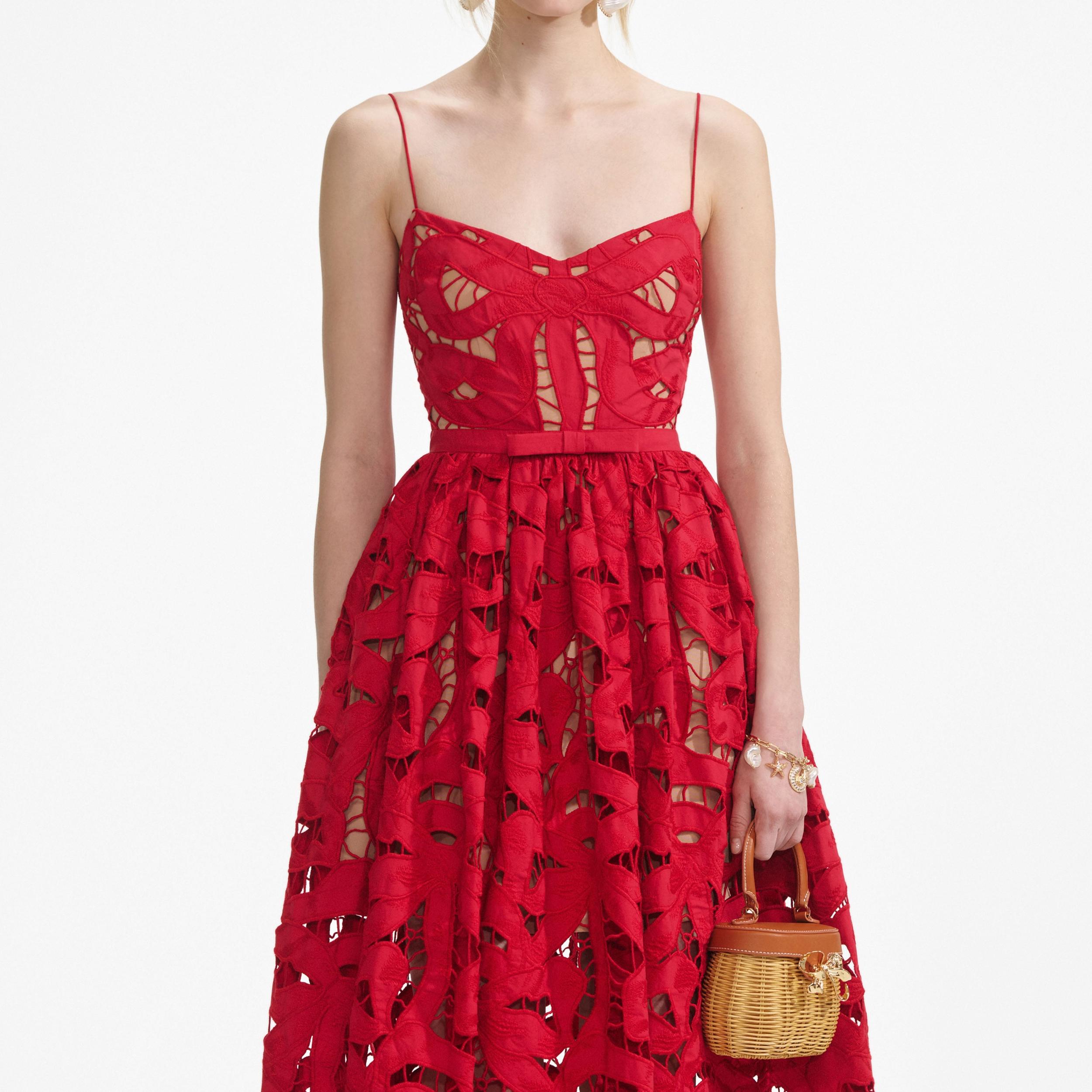 Red Bow Embroidered Midi Dress Product Image