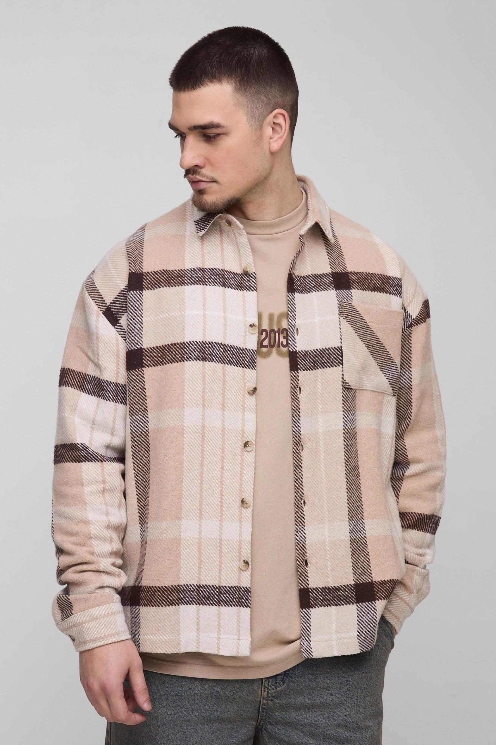 Tall Boxy Split Hem Brushed Flannel Shirt Jacket | boohooMAN USA Product Image