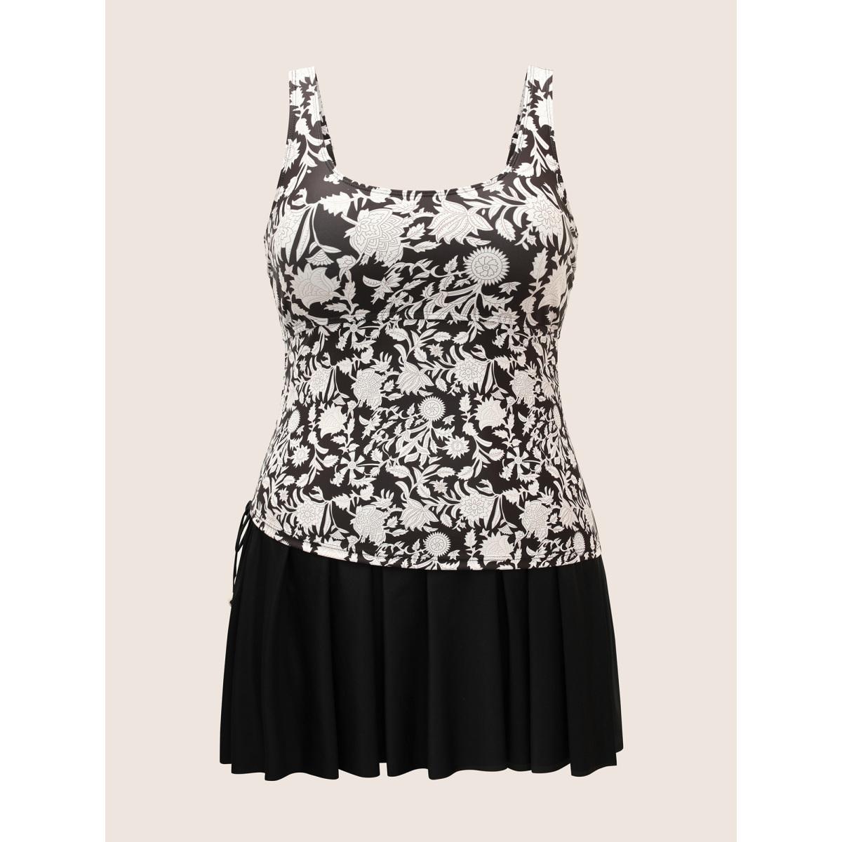 Plus Size Natural Flowers Tie Knot Drawstring Swim Dress Women's Swimwear Black Beach Bodycon U-neck High stretch Curve Swim Dresses BloomChic 26/4X Product Image