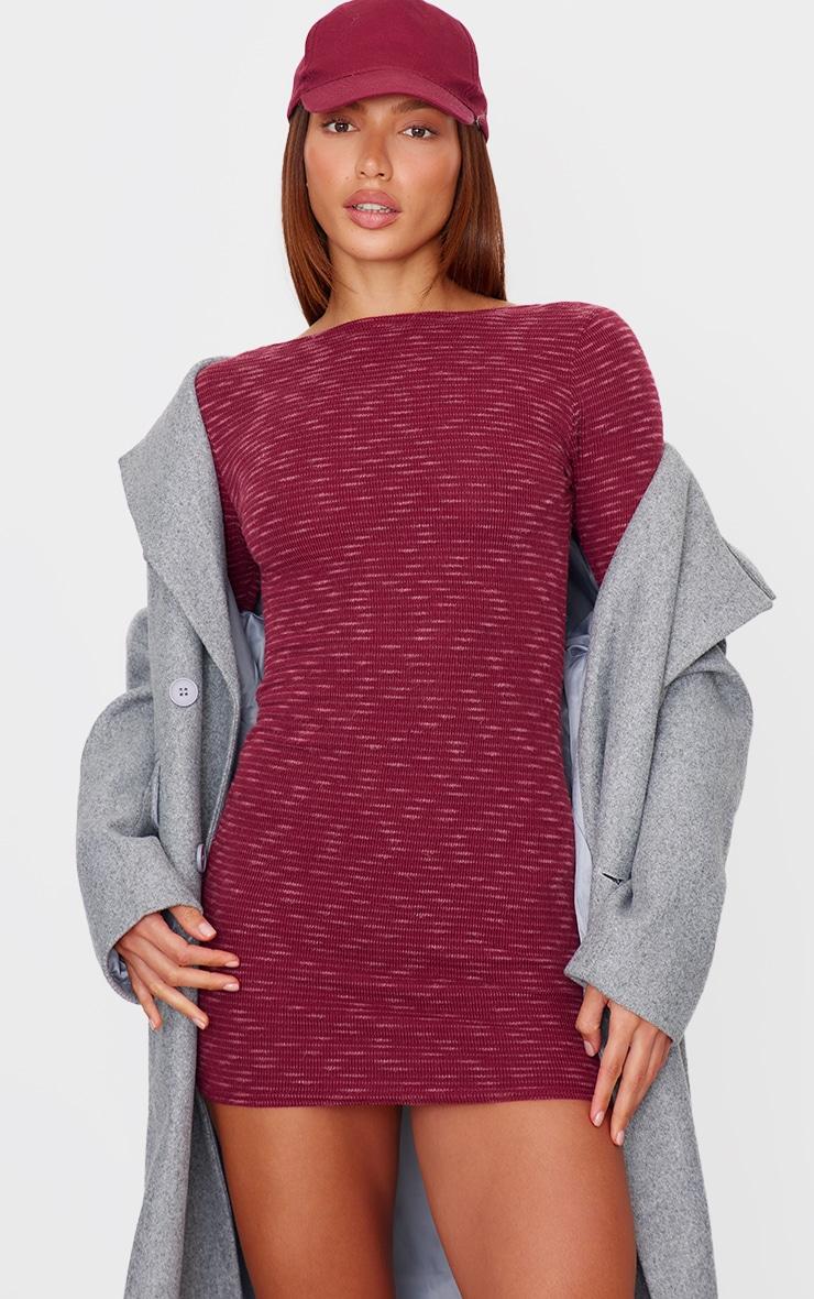 Burgundy Textured Scoop Back Long Sleeve Bodycon Dress Product Image