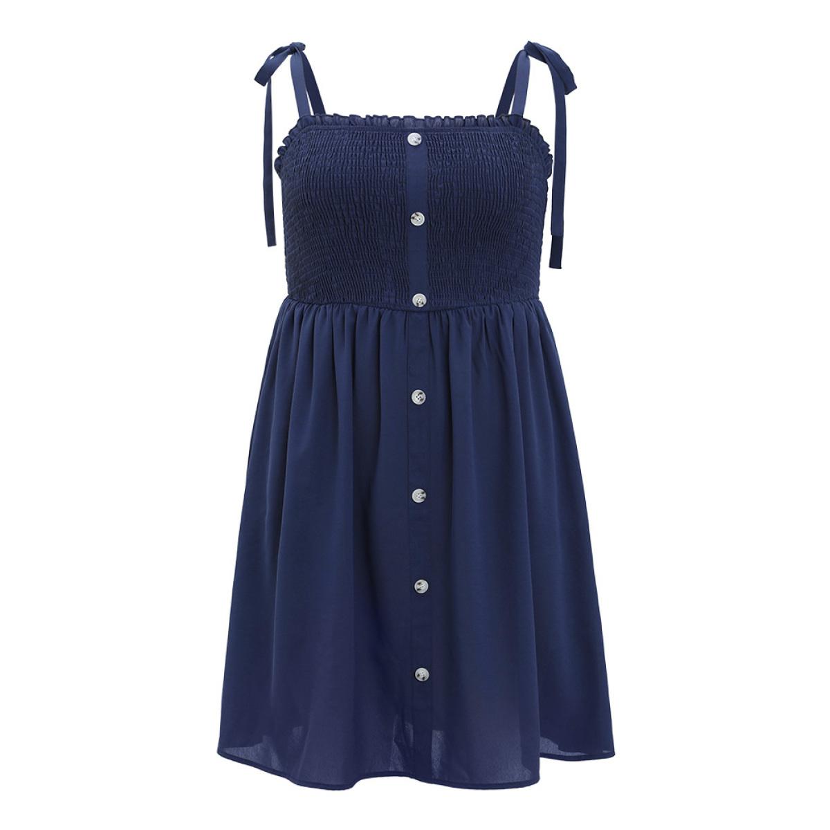 Plus Size Plain Button Detail Pocket Shirred Ruffles Knot Cami Dress Indigo Women Elegant Frill Trim Spaghetti Strap Sleeveless Curvy Knee Dress BloomChic 28/5X Product Image