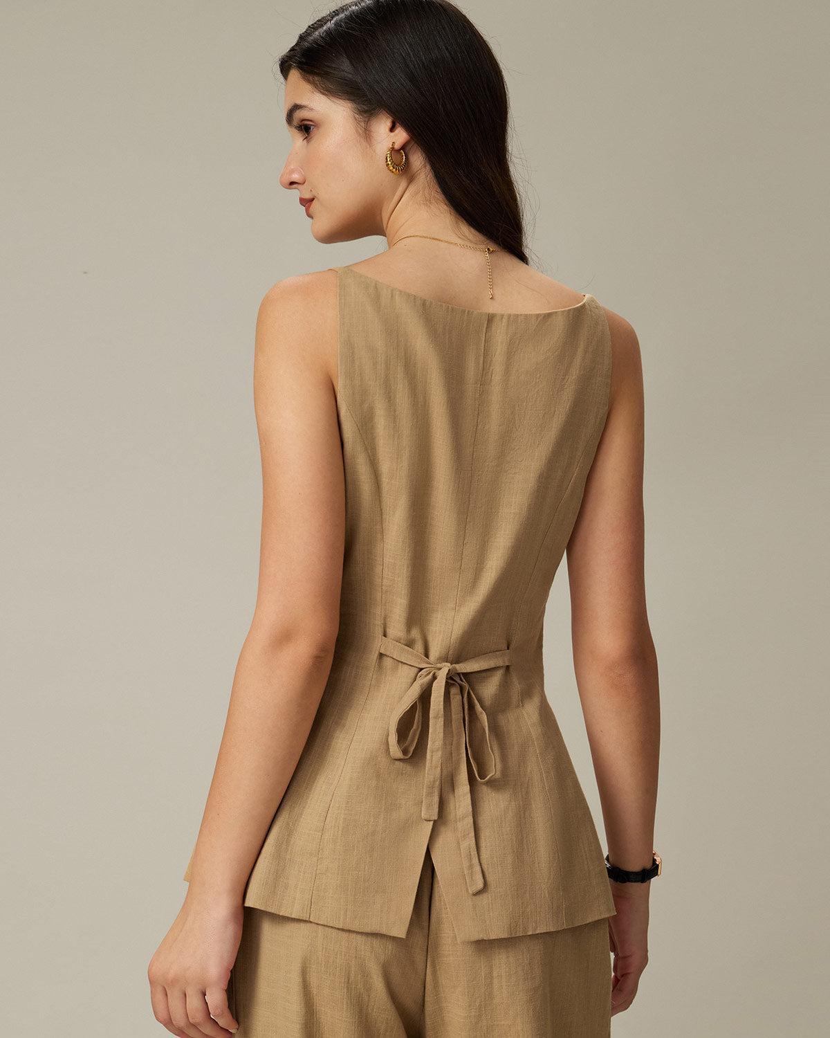 Brown Elastic Waist Pocket Straight Pants Product Image