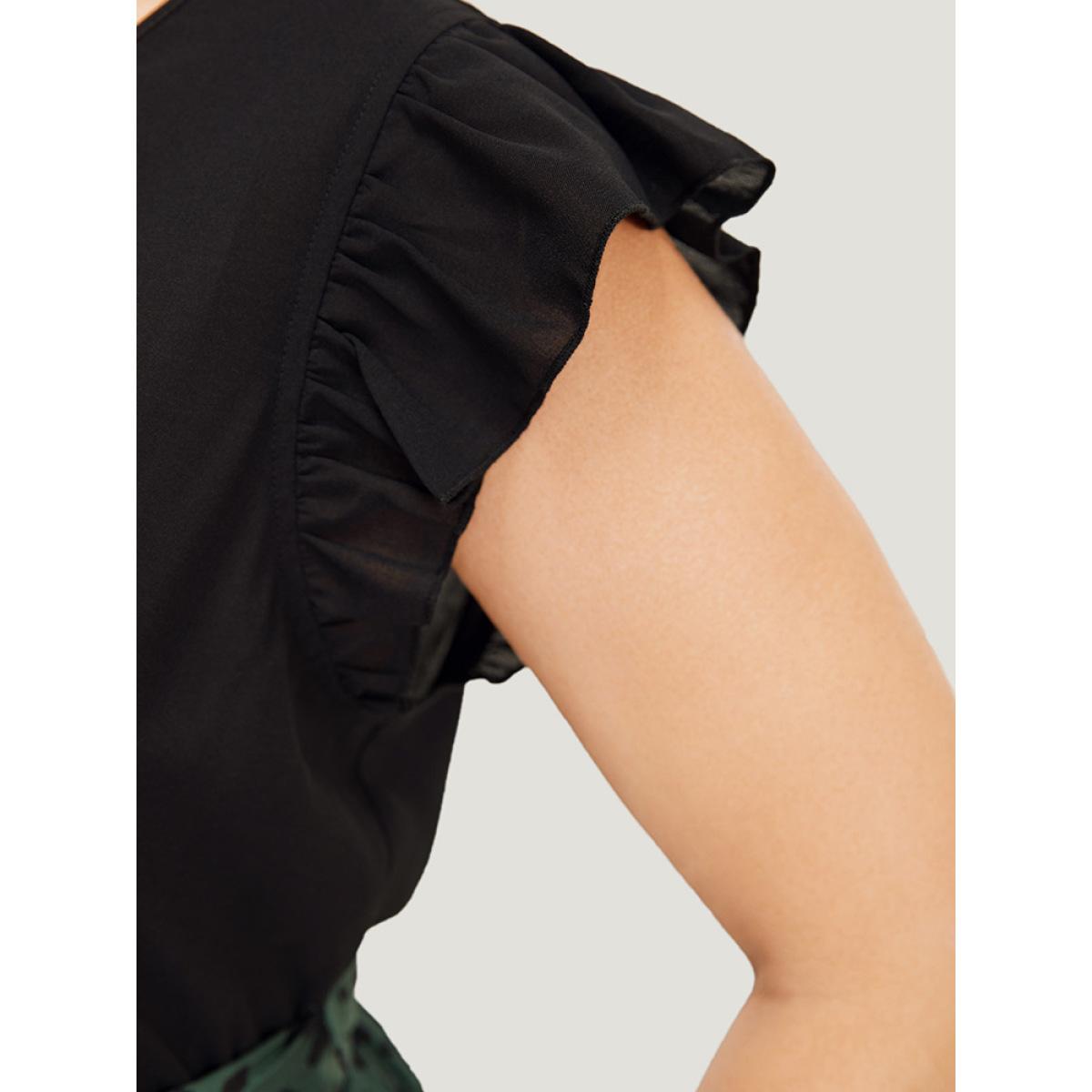 Plus Size Leopard Patchwork Pocket Belt Ruffle Dress DarkGreen Women Elegant Belted V-neck Cap Sleeve Curvy Knee Dress BloomChic 26/4X Product Image