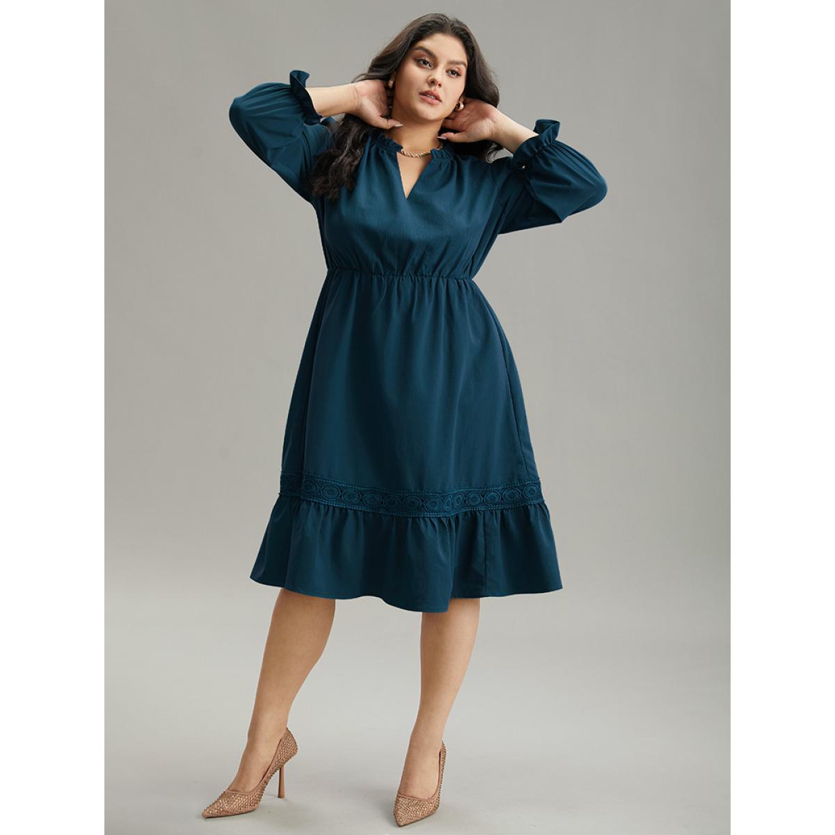 Plus Size Solid Frill Trim Guipure Lace Flutter Sleeve Dress Aegean Women At the Office Plain Notched collar Long Sleeve Curvy Midi Dress BloomChic 28/5X Product Image