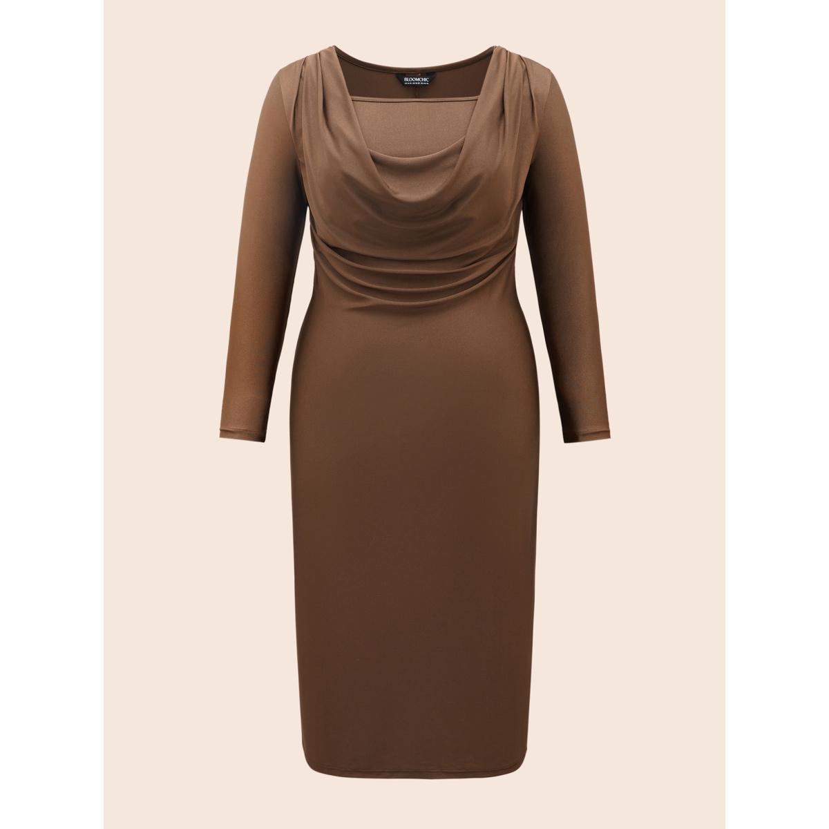 Plus Size Solid Cowl Neck Bodycon Dress Browncoffeecolor Women Elegant Pleated Cowl Neck Long Sleeve Curvy BloomChic 22-24/3X Product Image