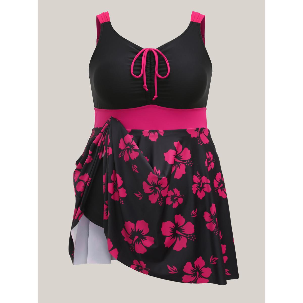 Plus Size Color Contrast Floral Drawstring Swim Dress Women's Swimwear Rosered Beach Bodycon Heart neckline High stretch Curve Swim Dresses BloomChic 12/L Product Image