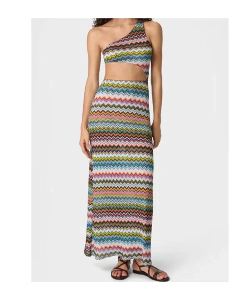 MISSONI One Shoulder Knit Dress Zigzag Detail In Multi Product Image
