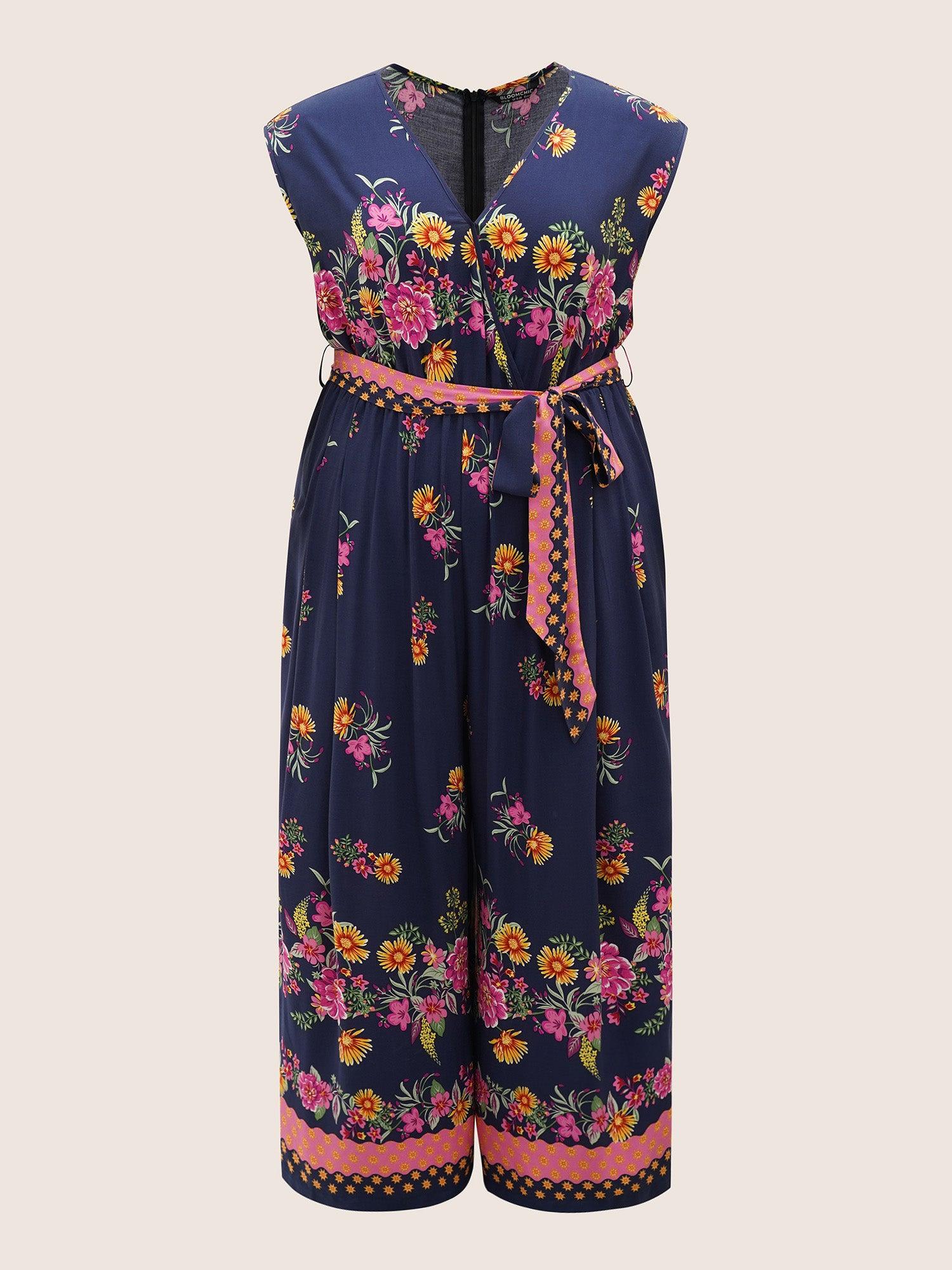 Boho Print Overlap Collar Belted Sleeveless Jumpsuit Female Product Image