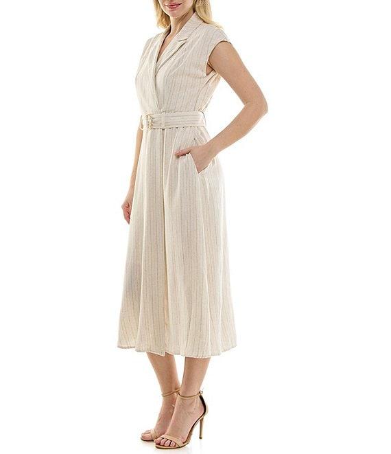 Moda Tara Notch Collar V-Neck Stripe Cap Sleeve Linen Midi Dress Product Image