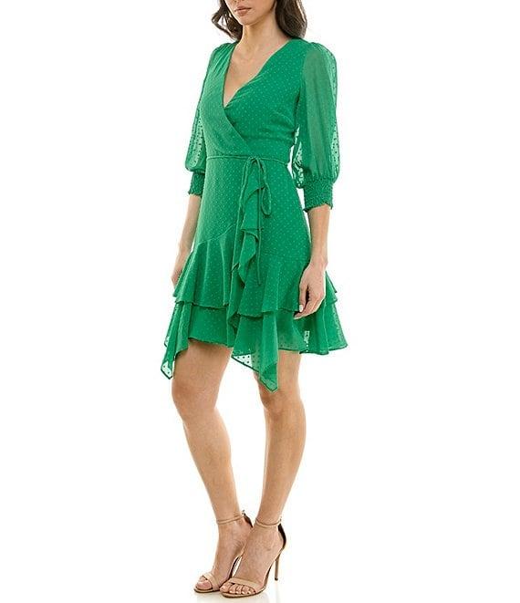 Moda Tara Smocked 3/4 Sleeve V-Neck Wrap Dress Product Image