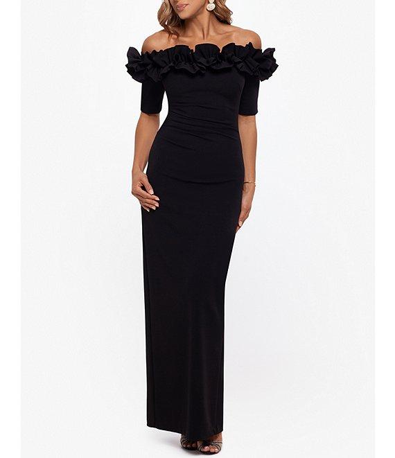 Xscape Petite Size Ruffled Off-the-Shoulder Short Sleeve Crepe Sheath Gown Product Image