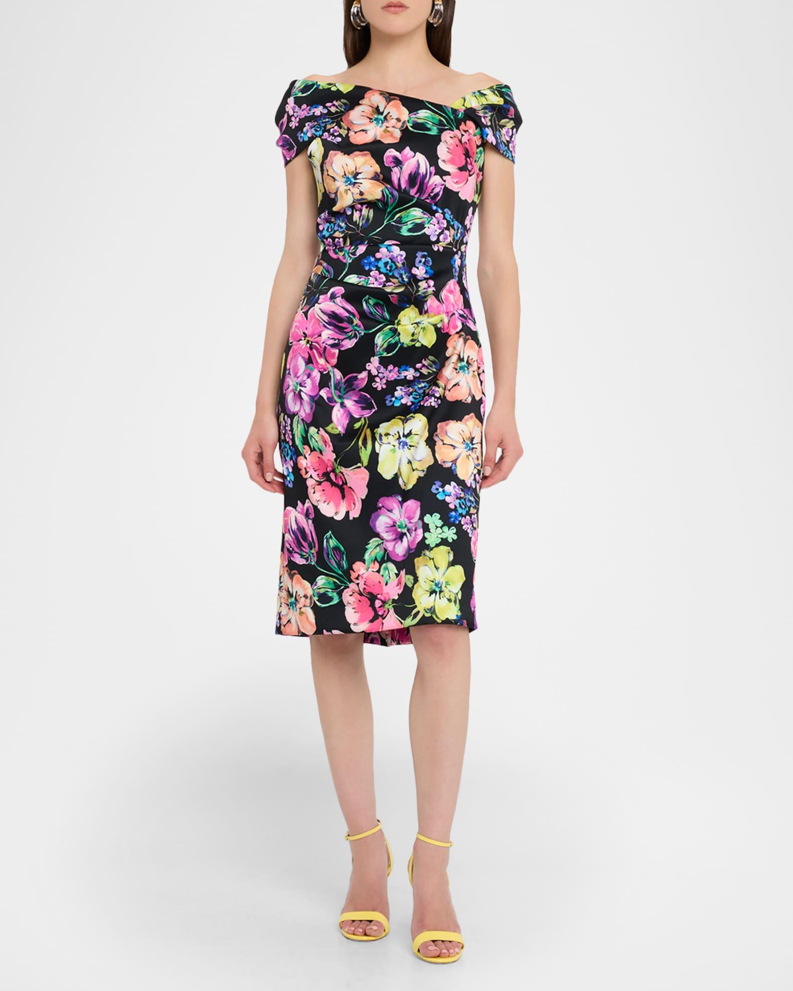 Pleated Floral-Print Stretch Gazar Dress Product Image