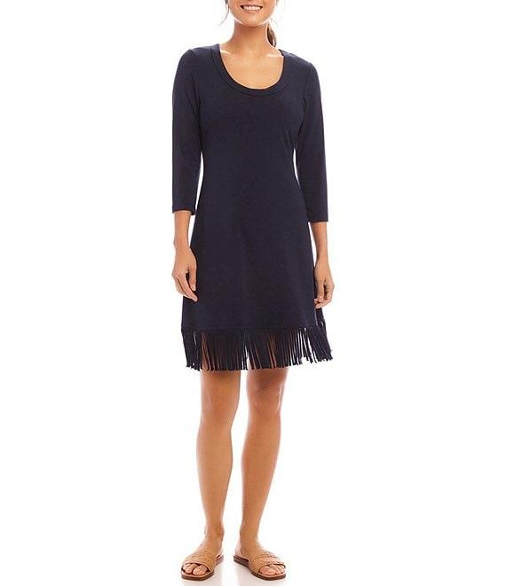 Karen Kane Scoop Neck 3/4 Sleeve Fringe Hem Dress Product Image
