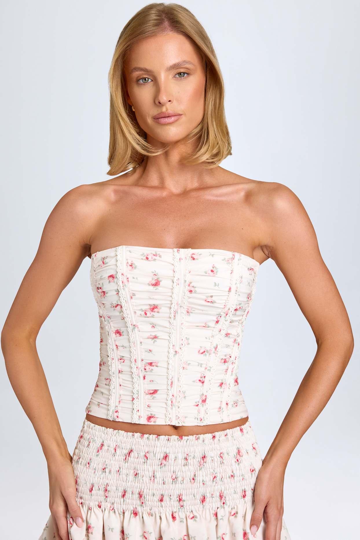 Ruched Lace-Up Corset Top in Small Rose Print Product Image