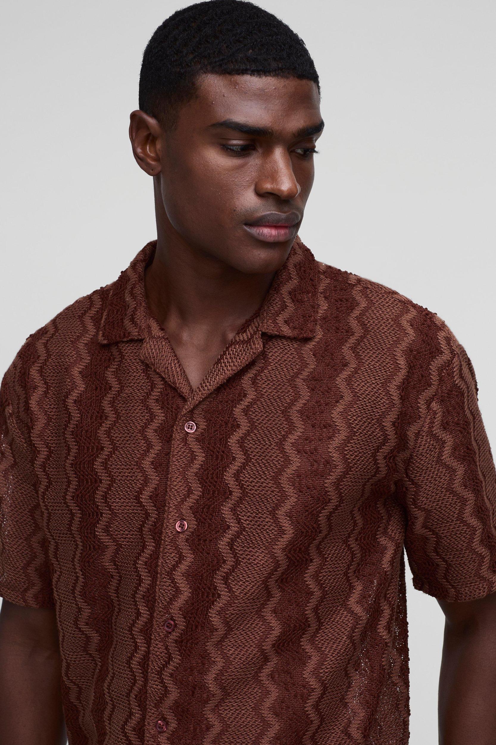 Oversized Drop Revere Open Weave Shirt & Short Set | boohooMAN USA Product Image