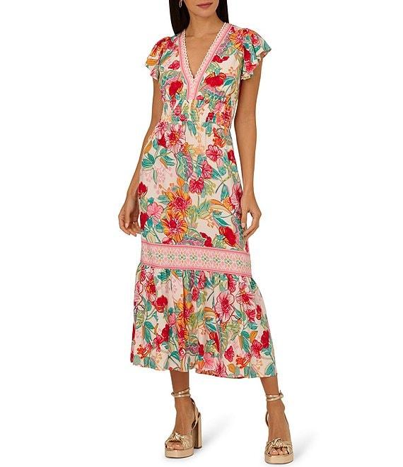 Adrianna by Adrianna Papell Floral V-Neckline Flutter Cap Sleeve Midi Dress Product Image