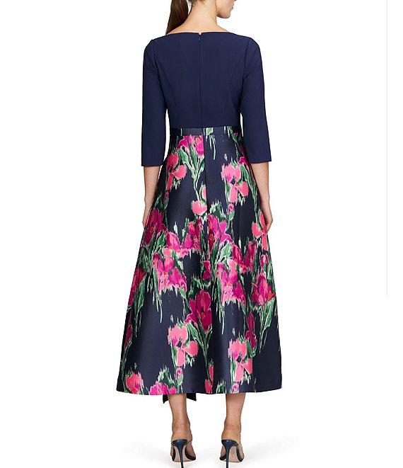 Kay Unger Giovana Asymmetrical Neck 3/4 Sleeve Mixed Media Aline Midi Dress Product Image