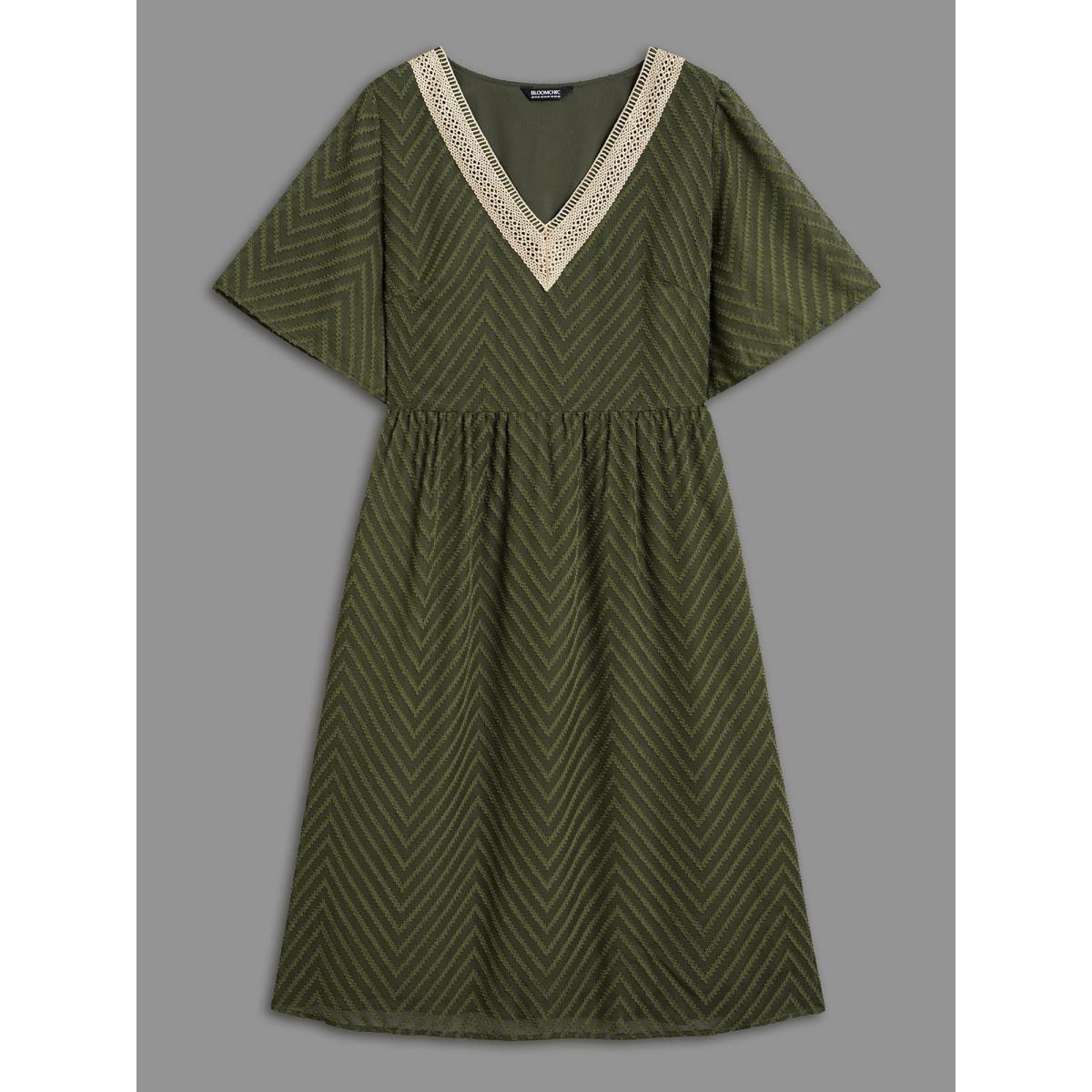 Plus Size Lace V-Neck Chiffon Waist-Cinched Midi Dress ArmyGreen Women Resort Woven ribbon&lace trim V-neck Half Sleeve Curvy BloomChic 10/M Product Image