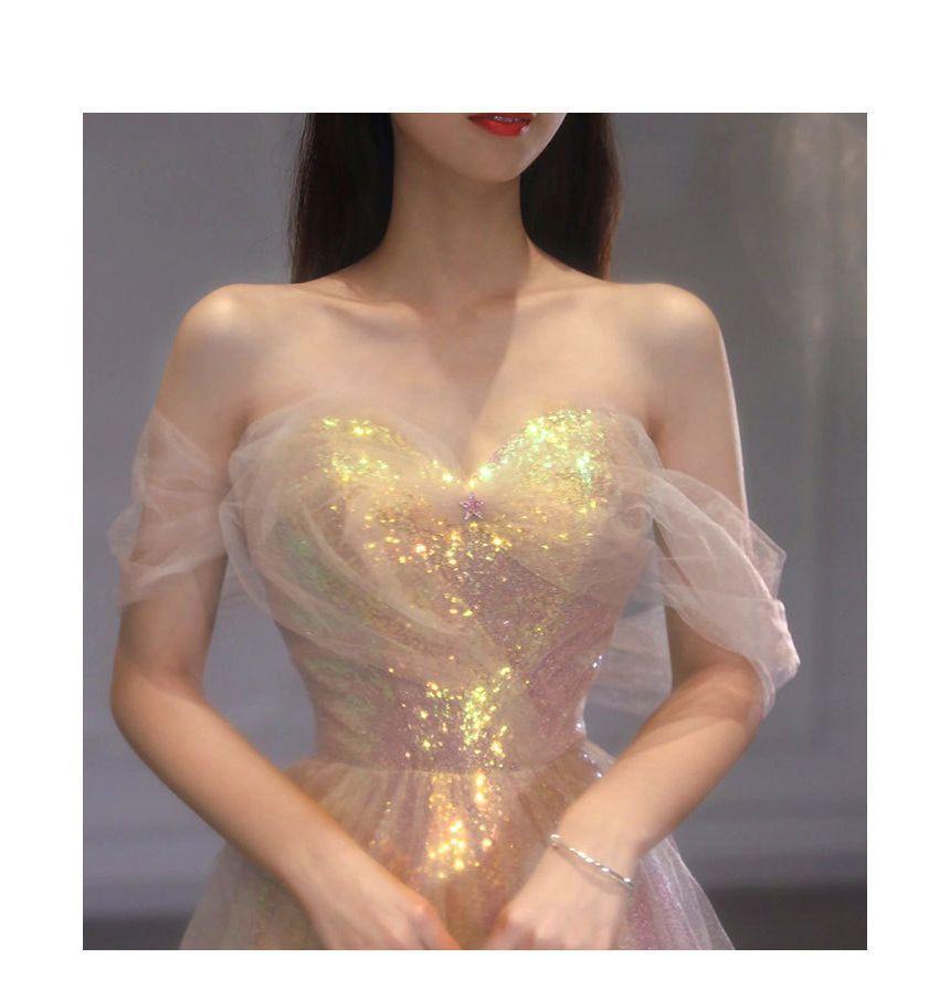 Short-Sleeve Off Shoulder Iridescent A-Line Evening Gown Product Image