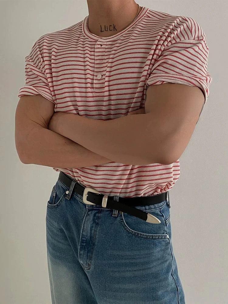 RT No. 19008 KNIT STRIPED HENRY COLLAR SHORT SLEEVE Product Image