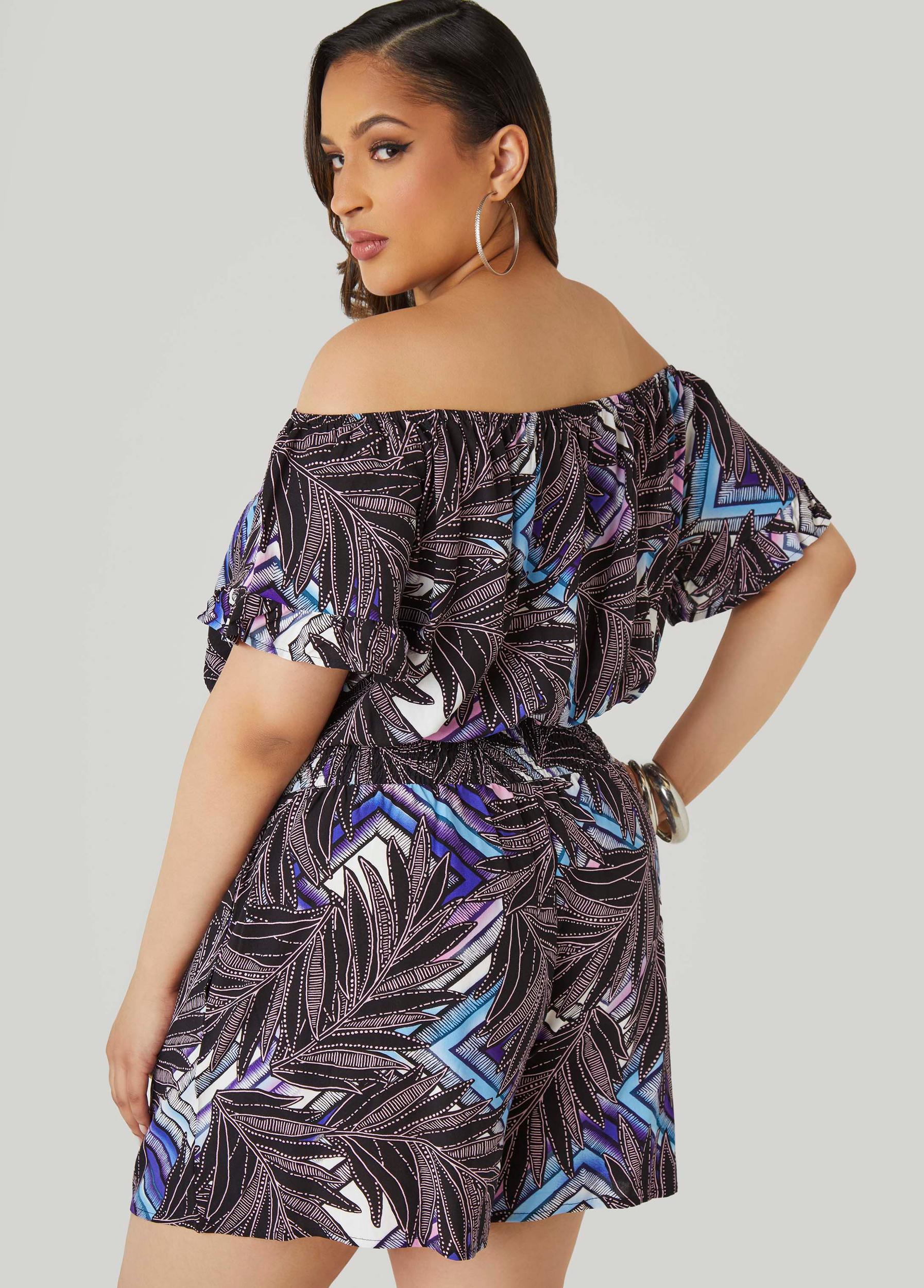 Plus Size Off The Shoulder Geo Print Romper Ashley Stewart Product Image