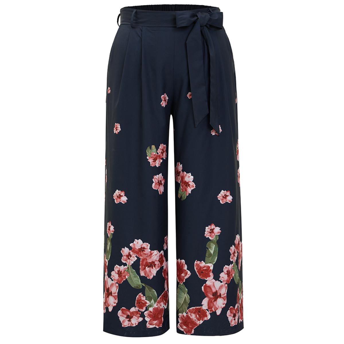 Plus Size Floral Wide Leg Pocket Pleated Detail Belt Pants Women Midnight Elegant Mid Rise Dailywear Pants BloomChic 14-16/1X Product Image