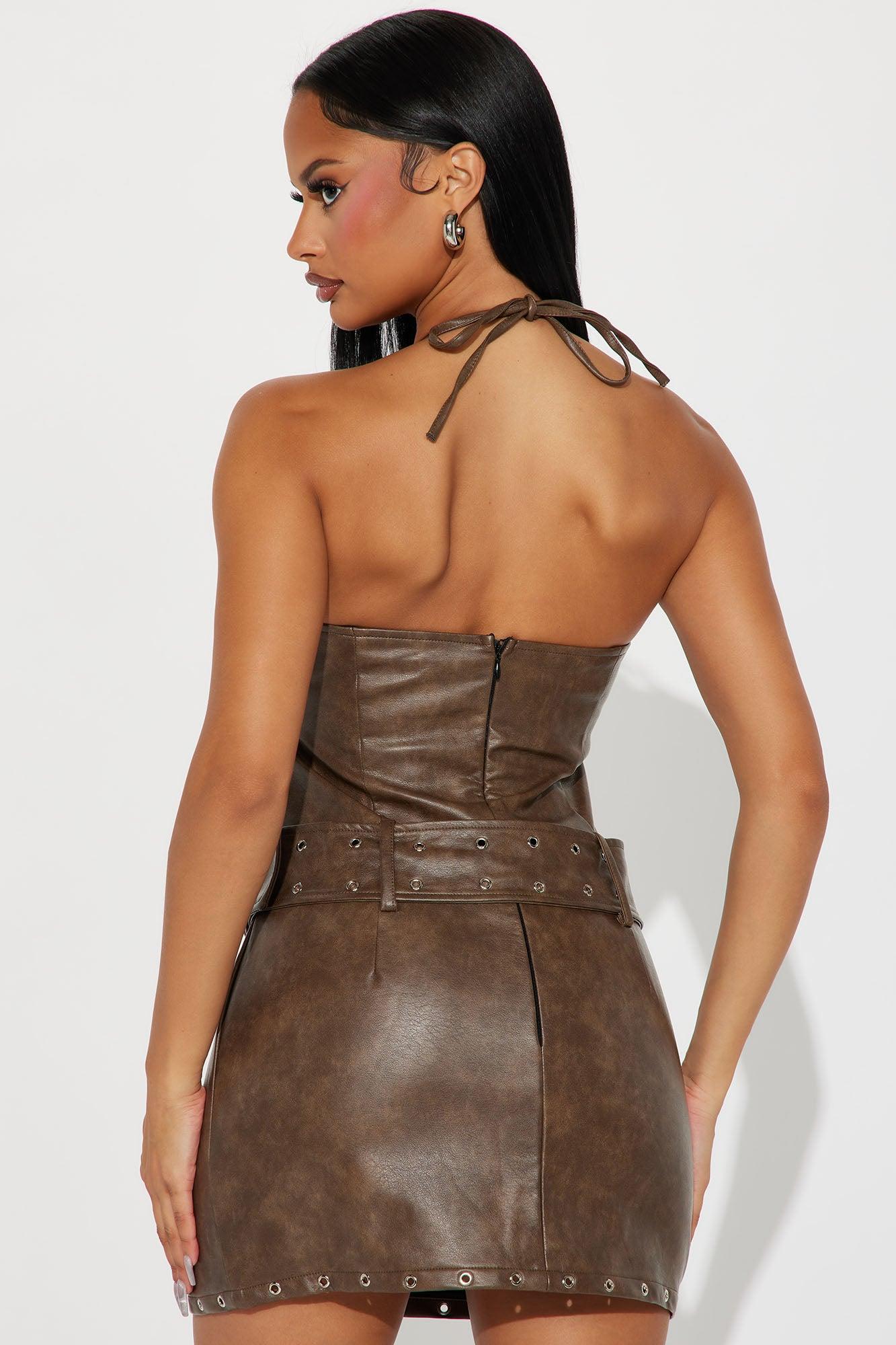 Evelyn Faux Leather Mini Dress - Brown Product Image