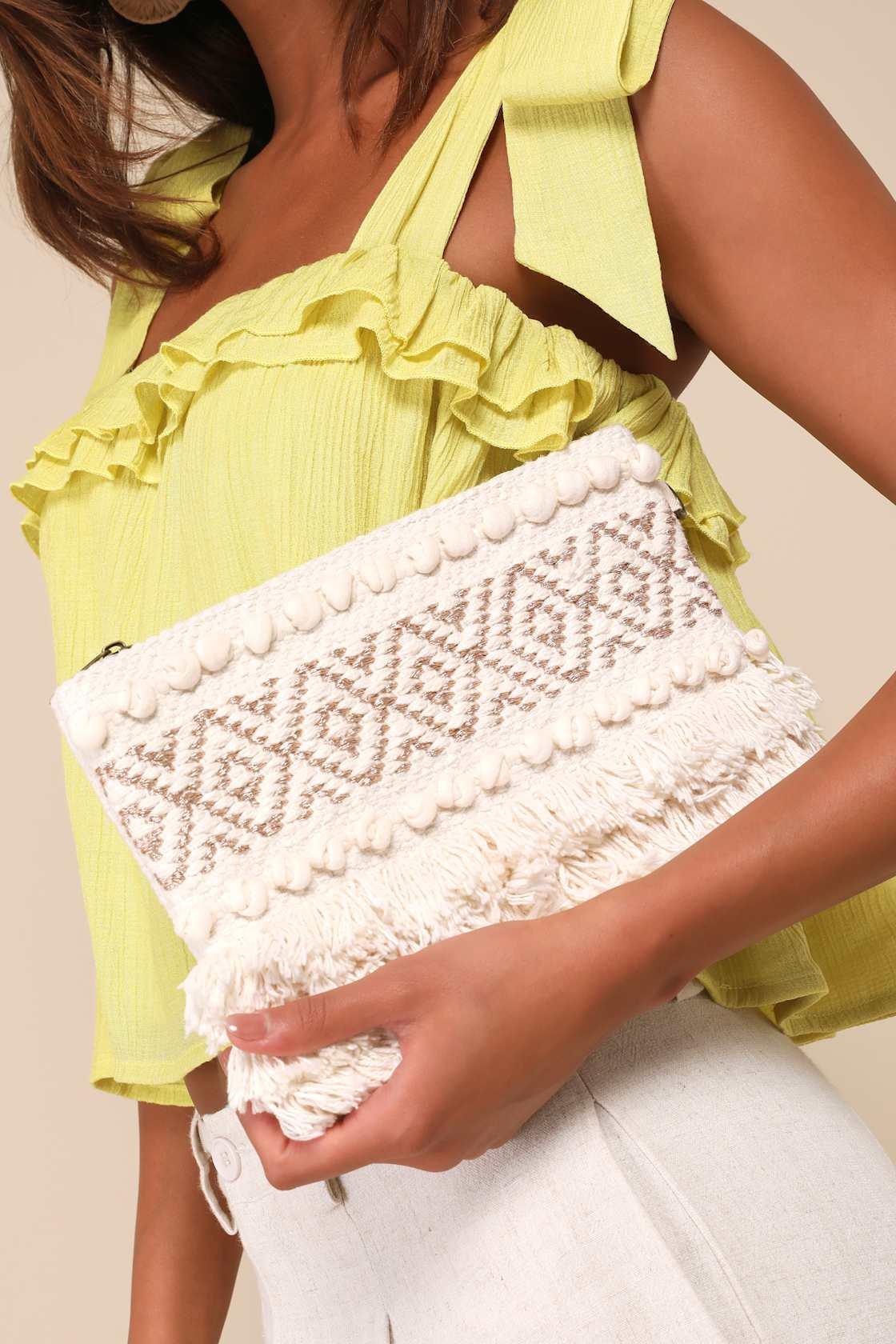 Boho Wishes Ivory Woven Fringe Clutch Product Image