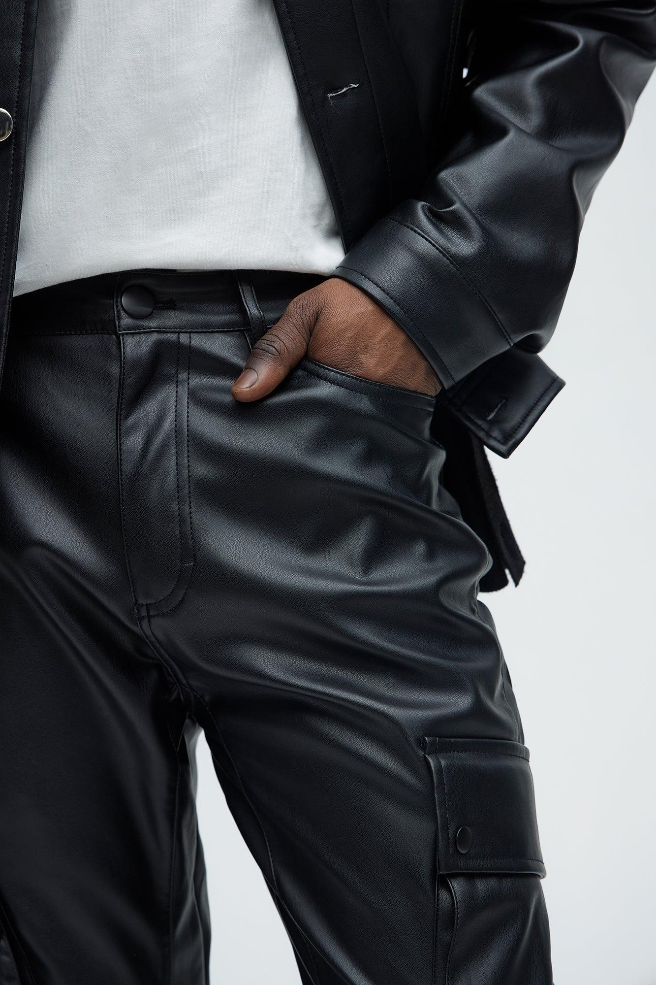 Finest Faux Leather Cargo Slim Flare Pants - Black Product Image