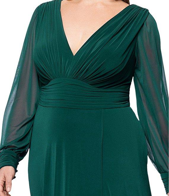 Betsy & Adam Plus Size Chiffon Mesh V-Neck Long Sleeve Gown Product Image
