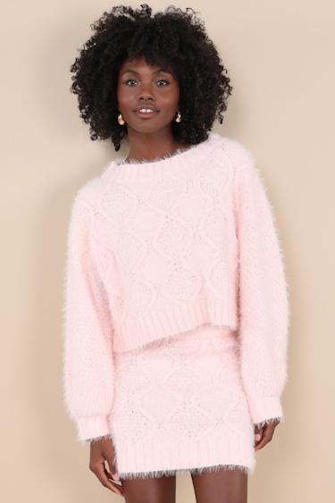 Wintery Aura Light Pink Fuzzy Cable Knit Sweater Mini Skirt Product Image