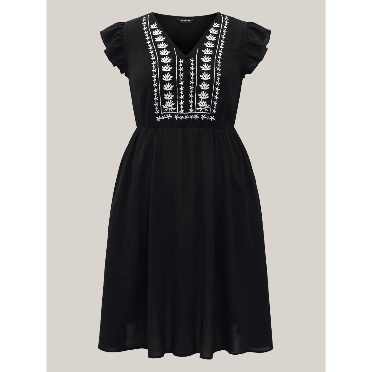 Plus Size Floral Embroidered V Neck Ruffle Cap Sleeve Dress Black Women Boho Embroidered V-neck Cap Sleeve Curvy BloomChic 14-16/1X Product Image
