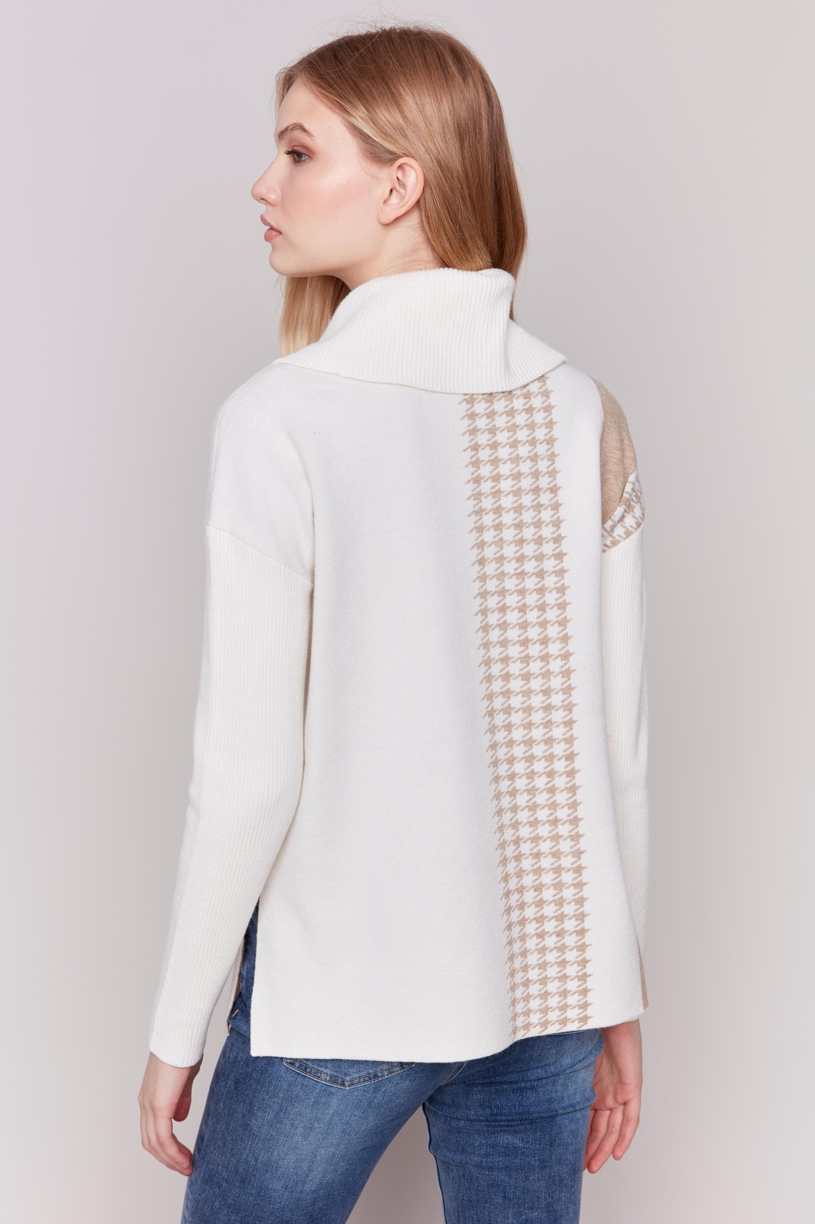 Ecru and Houndstooth Cowl Neck Sweater Product Image