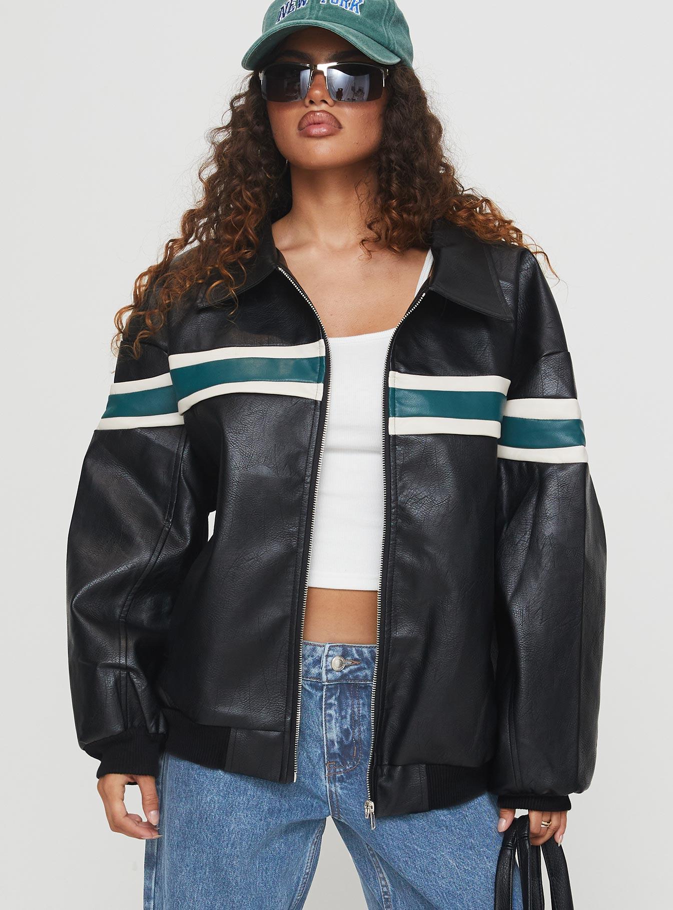 Goldsmith Faux Leather Bomber Jacket Black / Green Product Image