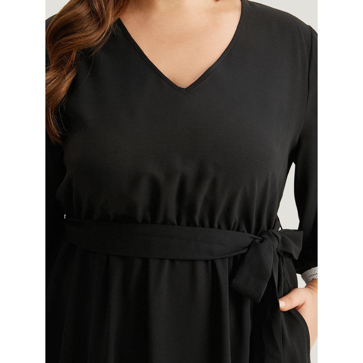 Plus Size V Neck Pocket Patchwork Contrast Belted Dress Black Women Elegant Plain V-neck Elbow-length sleeve Curvy Midi Dress BloomChic 14-16/1X Product Image