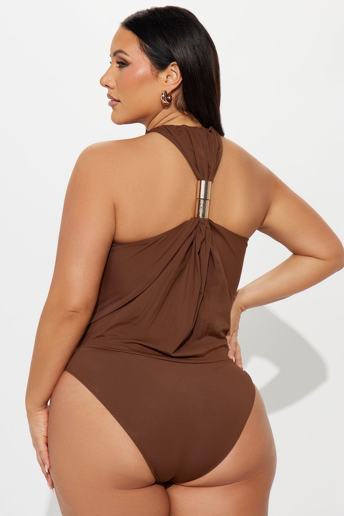 Beverly Y-Neck Ruched Bodysuit - Chocolate Female Product Image