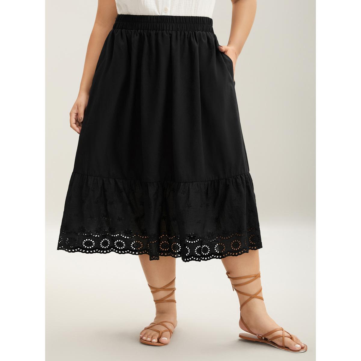 Plus Size Cotton Embroidered Lace Tiered Hem Skirt Women Black Elegant Gathered Bodycon Low stretch Slanted pocket Everyday-Elegant Skirts BloomChic 22-24/3X Product Image