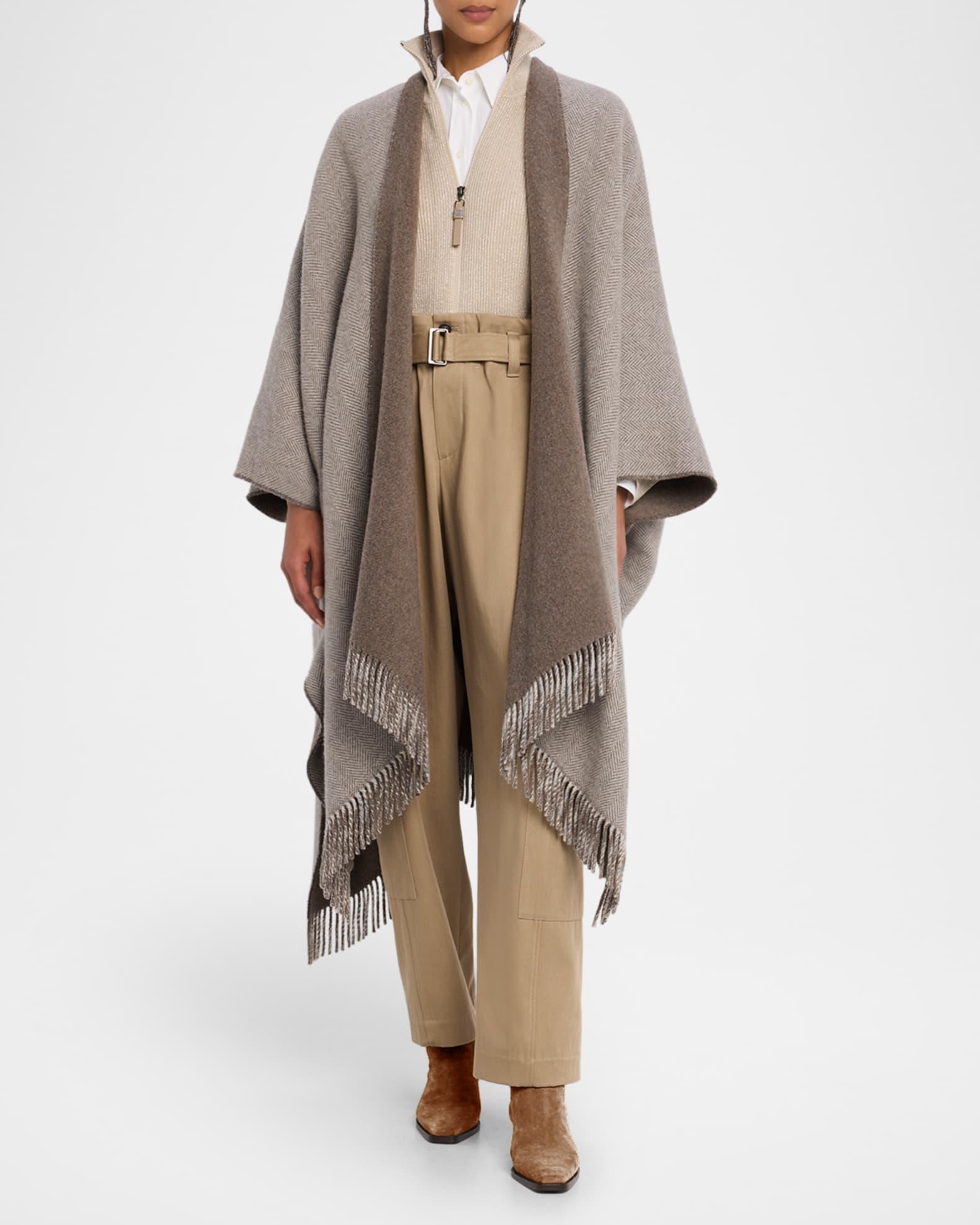 Reversible Metallic Herringbone Double Brushed Cashmere Poncho Product Image