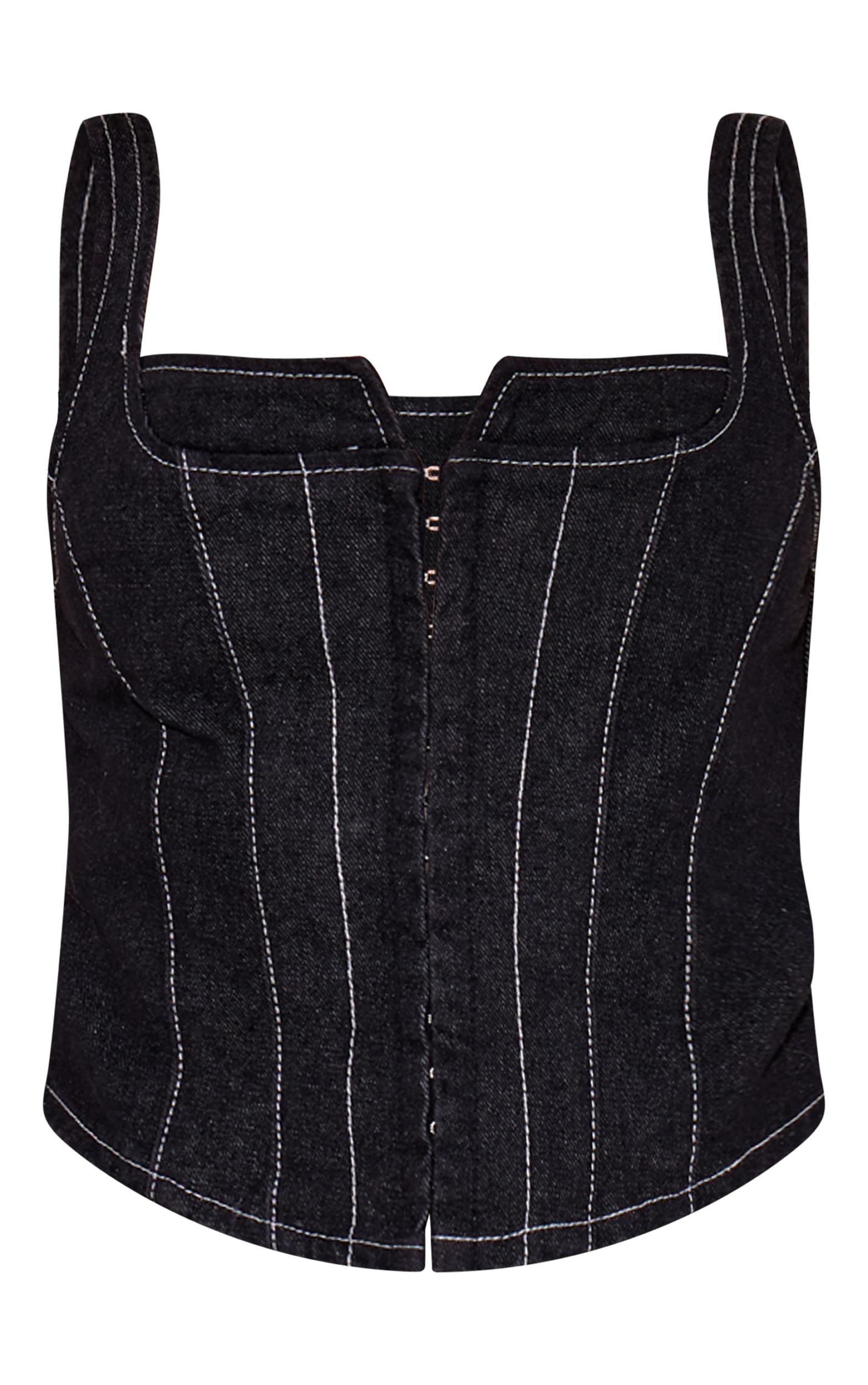 Black Denim Corset Contrast Stitch Top Product Image
